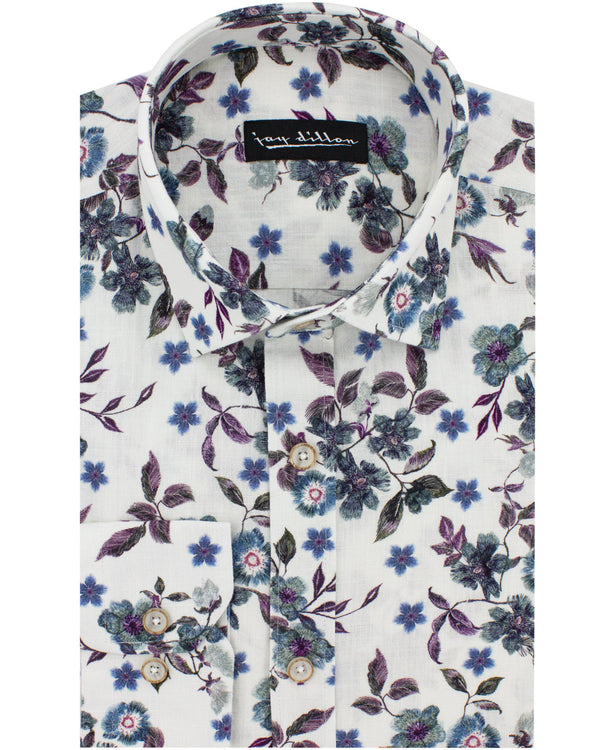 White Floral Cotton-Linen Shirt